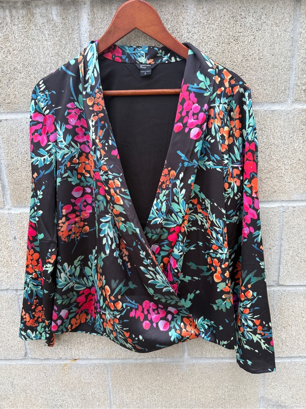 Guess by Marciano Black Wrap Blouse with Pink & Orange Floral Print